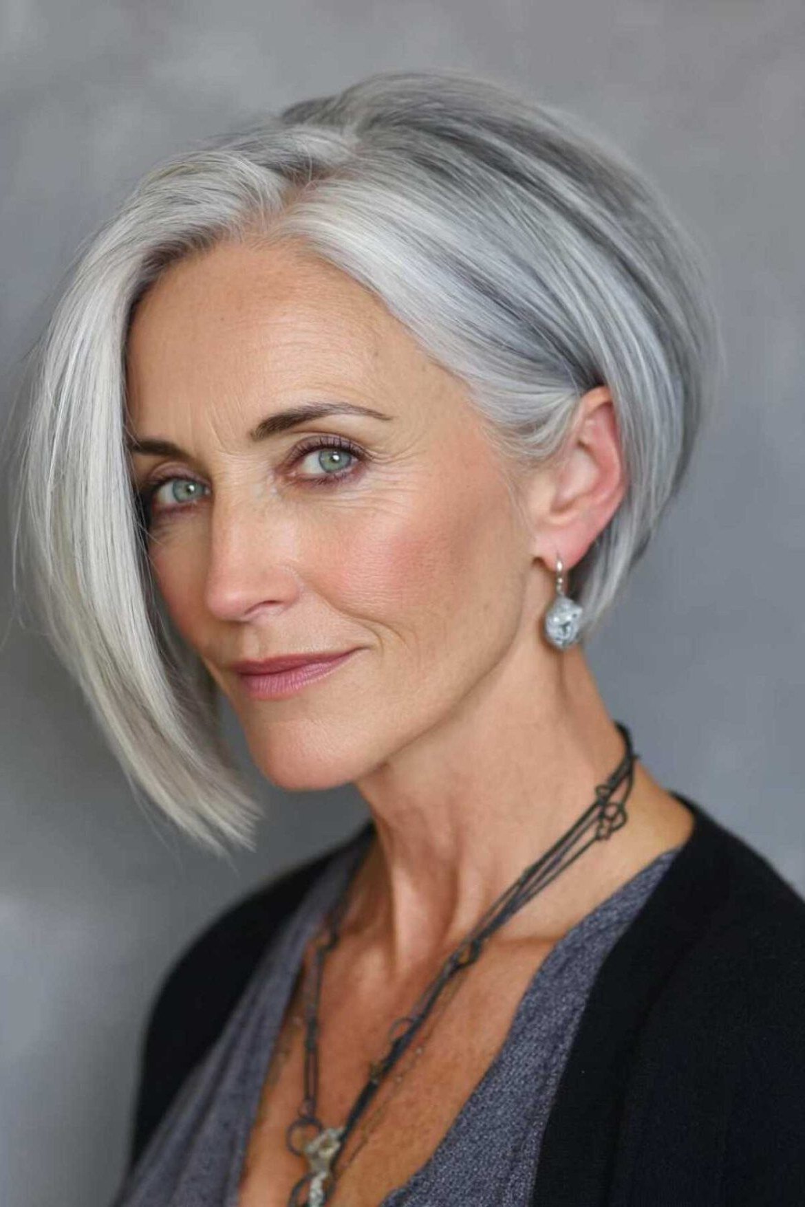 textured short silver bob, three quarter view