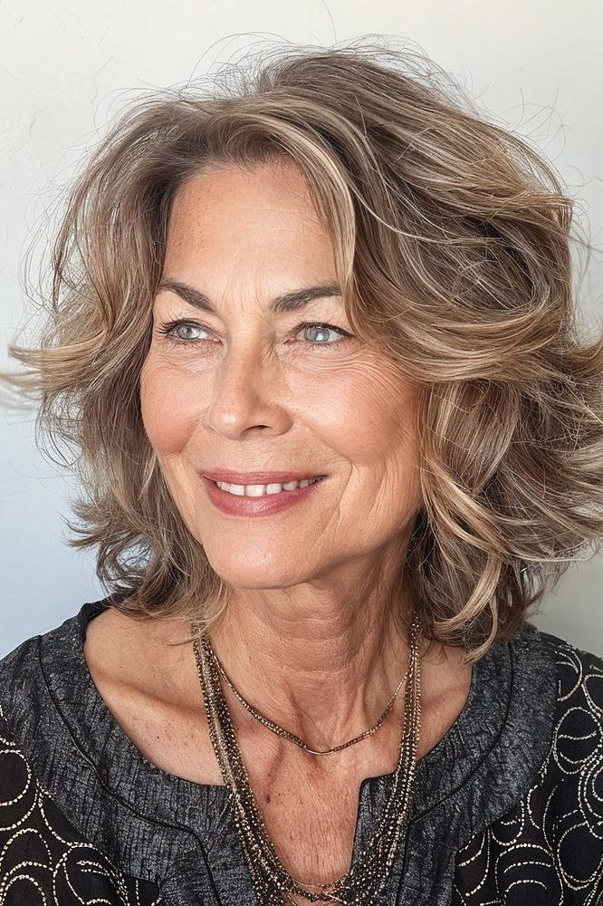 Blonde wavy layered shoulder hair, front view, woman in her 60s