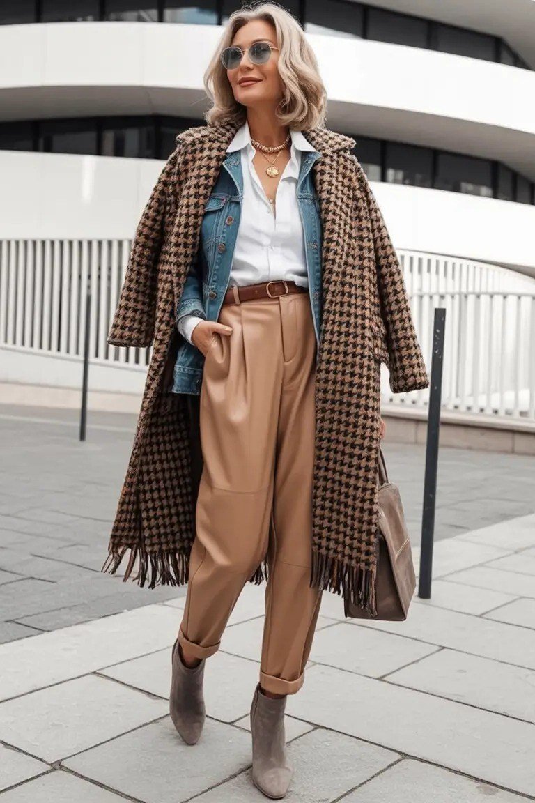 Long Plaid Coat With Tan Pleated Trousers - flattering outfit idea for women over 50, how to dress better over 50