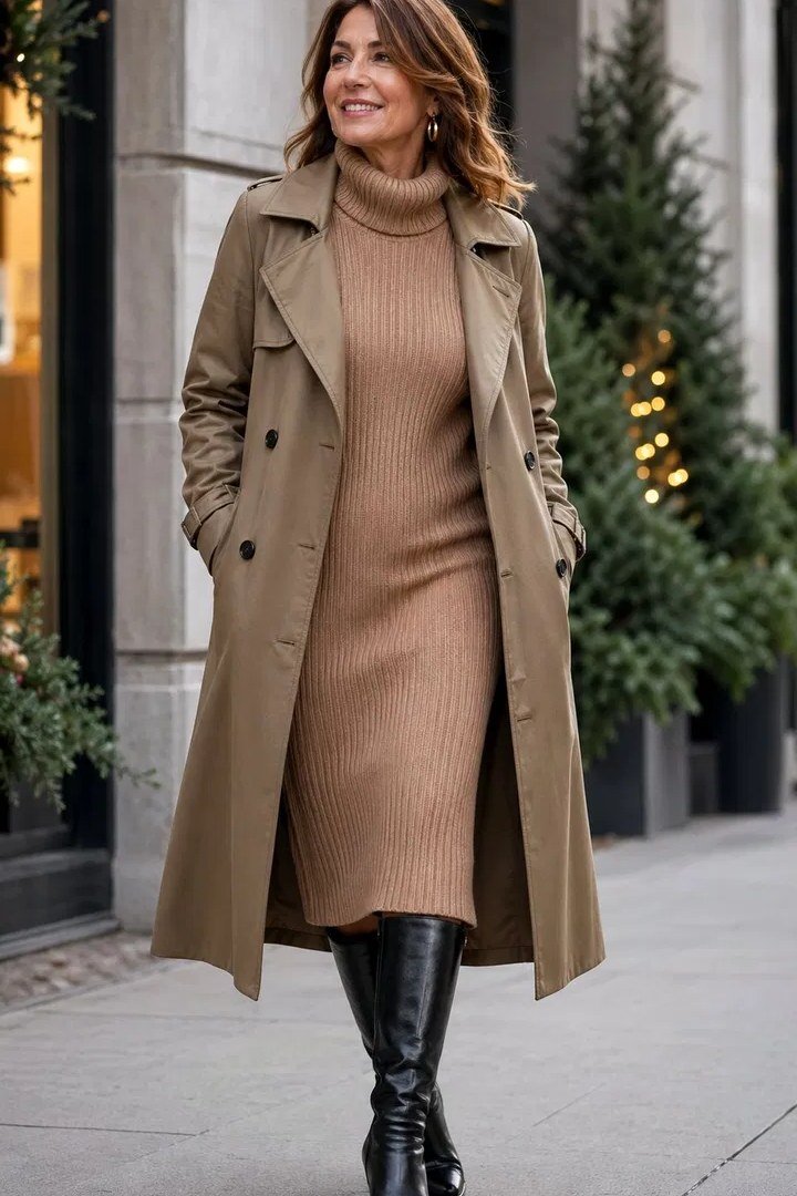 Beige trench coat over camel sweater dress with tall boots, elegant fall outfit for women over 40