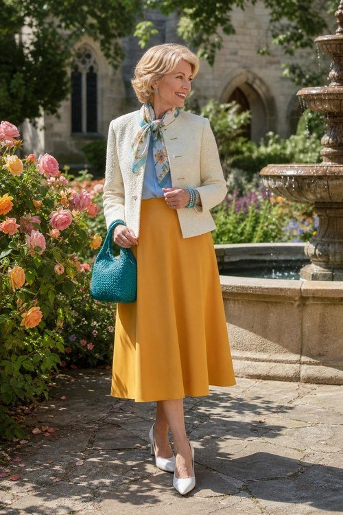 Cream jacket with blue top and mustard midi skirt for women over 50