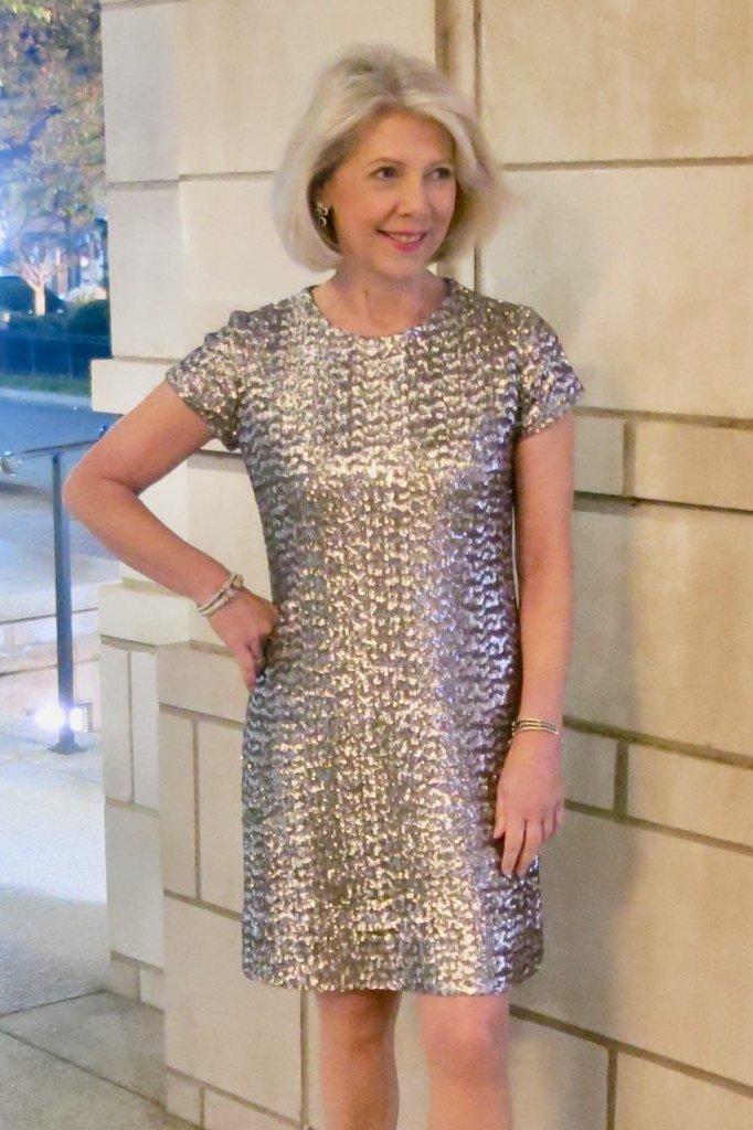 silver sequin short-sleeve sheath, silver hair, outdoor,, elegant wedding guest dress for women over 60