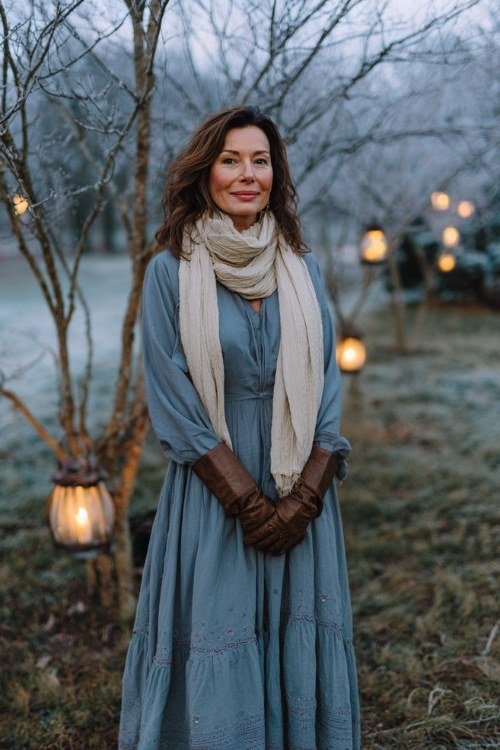 slate blue midi shirtdress with cream scarf church outfit for women over 60