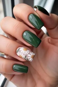 Forest Green with Daisy Accent - elegant nail art idea for mature hands, women over 50