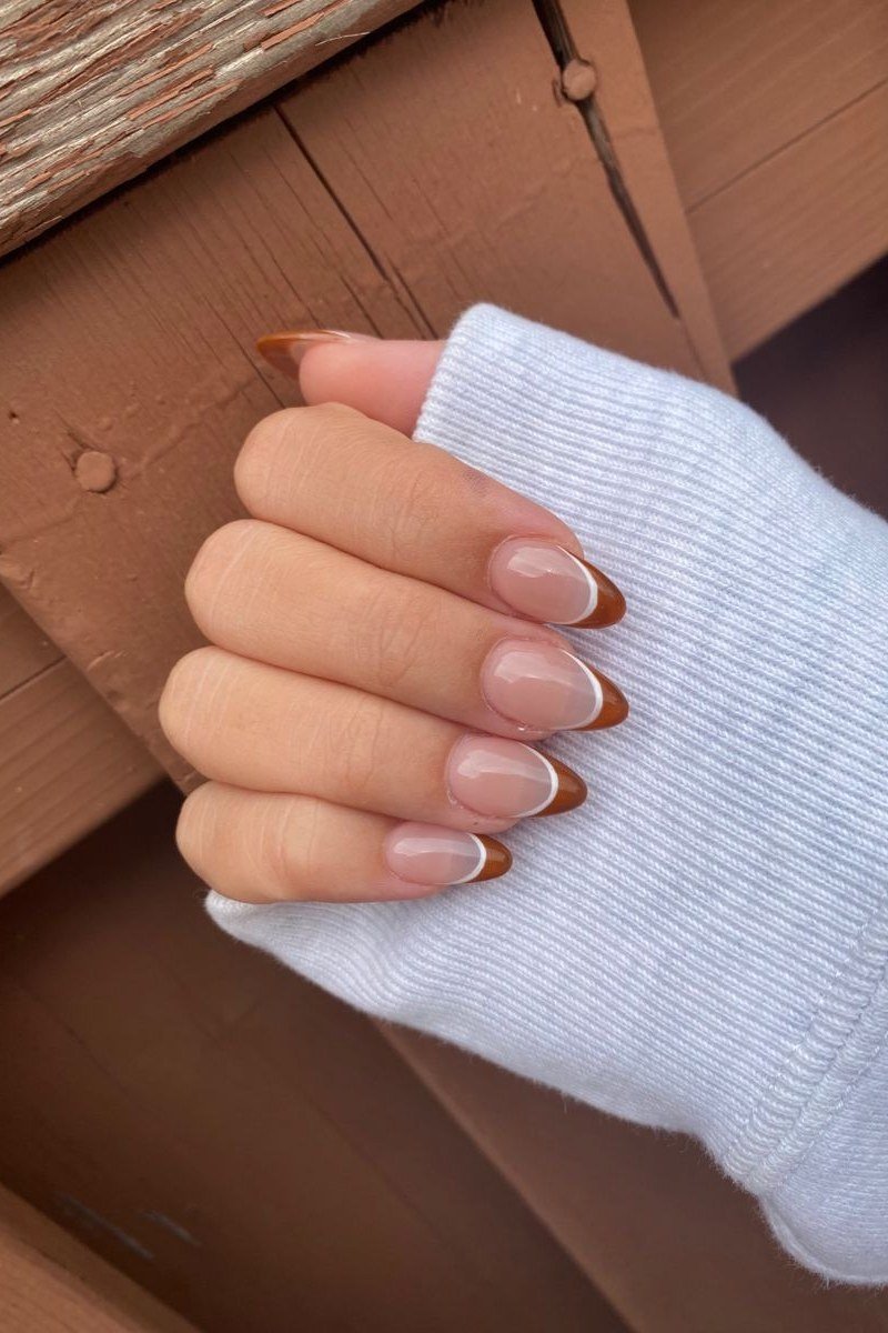 Copper French Tip Almond Nails, chocolate brown fall nail design for women over 60