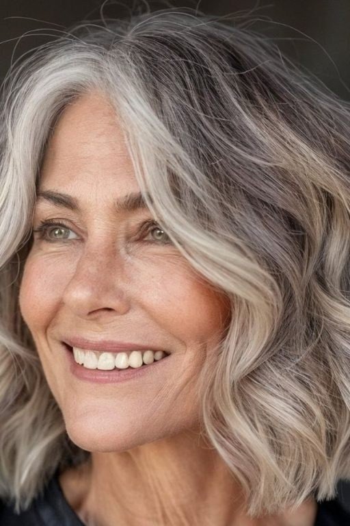 wavy silver lob hairstyle for women over 50, front view