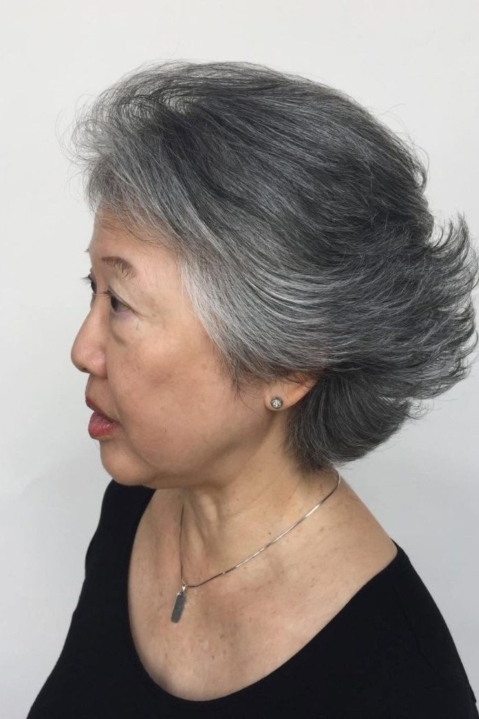 Voluminous gray rounded bob, timeless hairstyle for women over 70