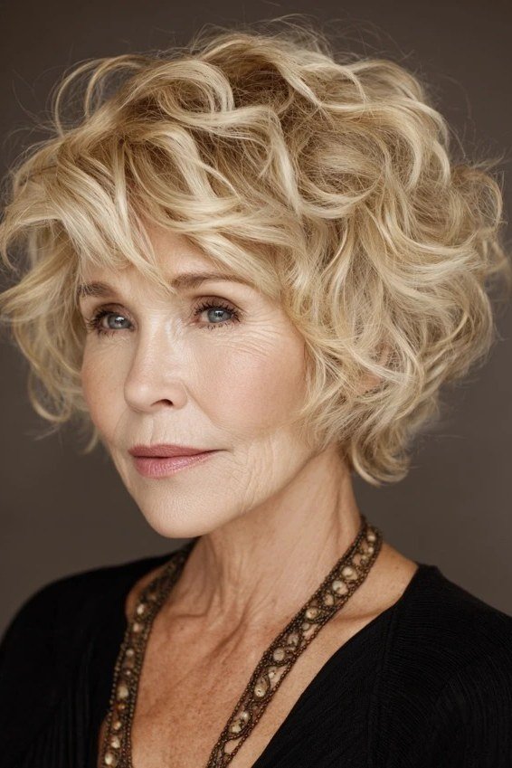 Blonde curly bixie haircut front view for women over 60