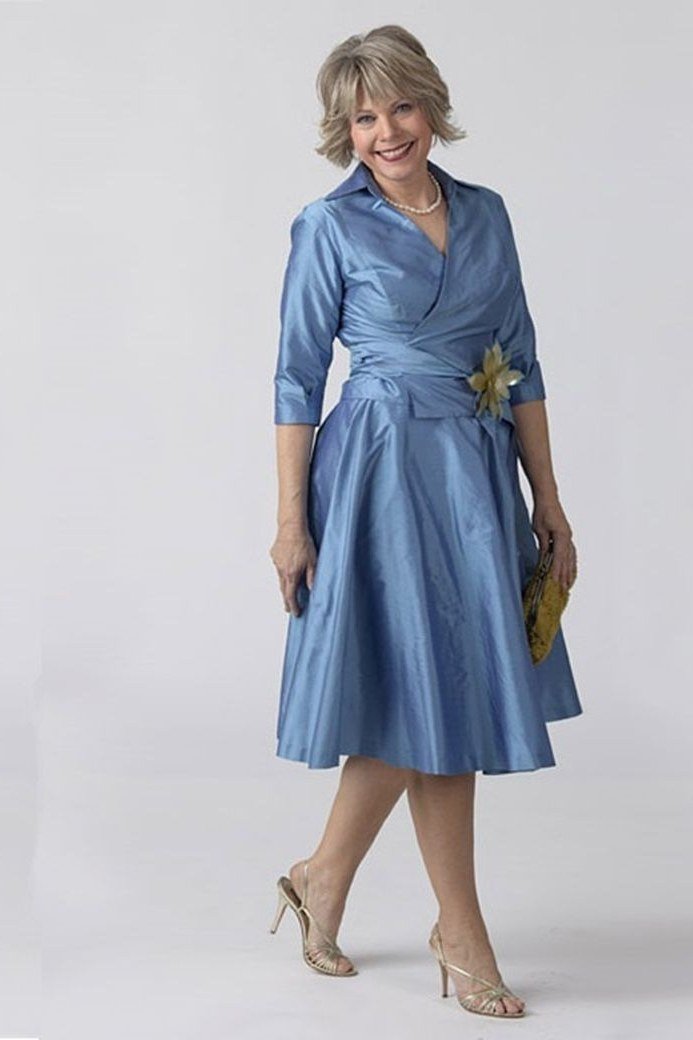 blue wrap midi dress, elegant cocktail dress for women over 60