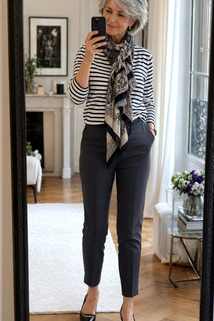 Striped Top with Black Pants and Scarf, classic casual outfit for women over 70