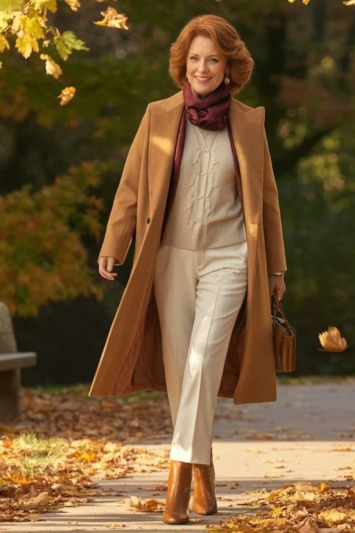 Camel coat a cream knit set camel coat cream knit set 40s park walk - fall outfit idea for women over 40