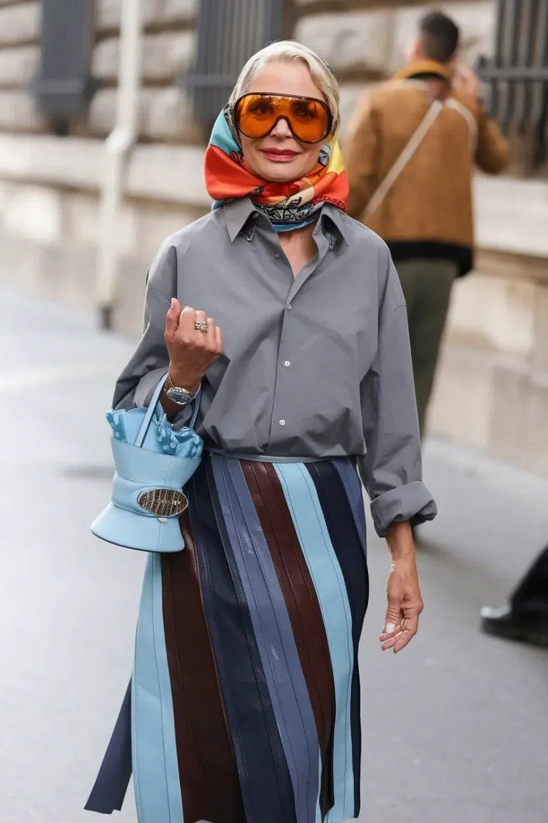 Grey Button Shirt with Striped Wrap Midi Skirt and Scarf - chic casual outfit for women over 50