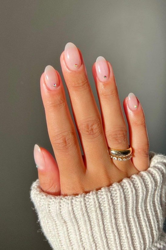 Blush Pink Almond with a Knit Cuff - short nude nail idea for women over 50