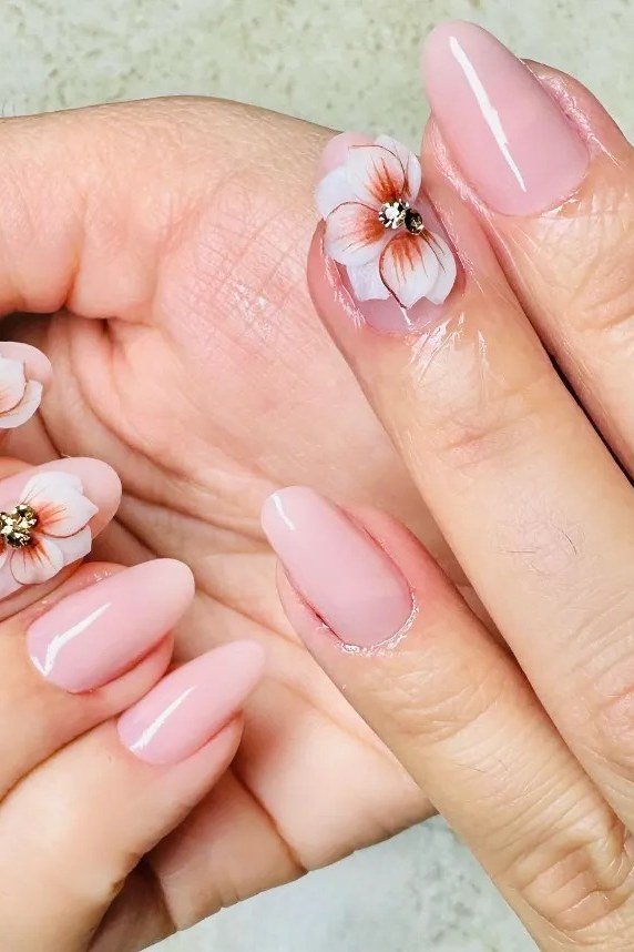 Pink 3D Flower Nails - nude nail art idea for women over 40