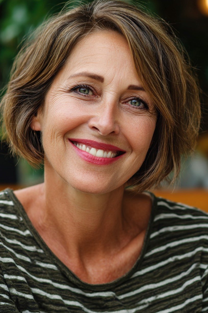 Chestnut Layered Lob with Warm Tones - layered lob hairstyle for women over 60