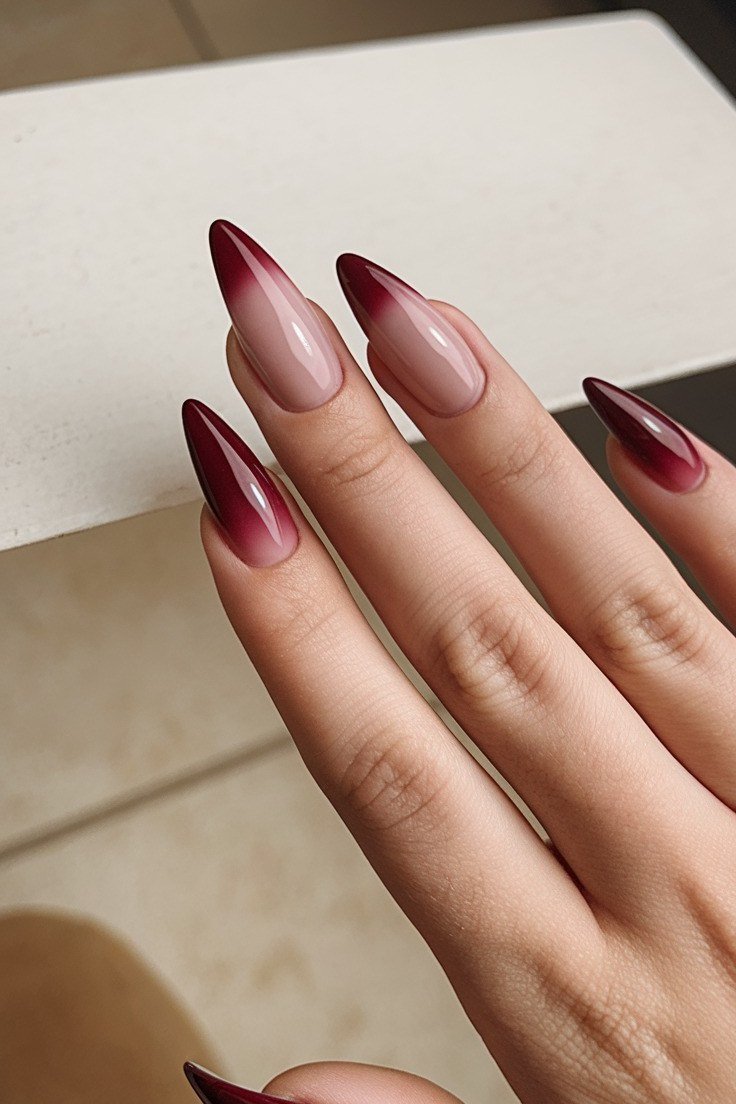 Burgundy french almond, burgundy fall nail idea for women over 60