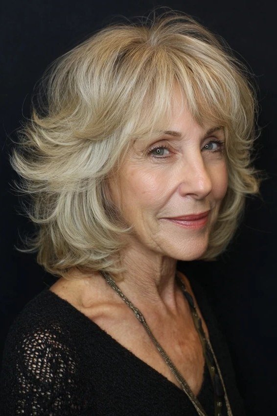 Layered Blonde Shag with Bangs - medium shag haircut for women over 40