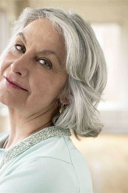 Silver Shoulder-Length Layers with Shine, medium hairstyle for women over 70