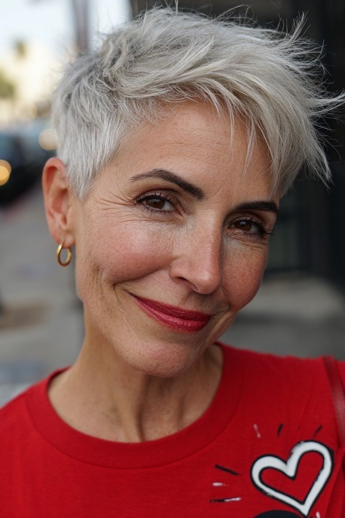 Silver Spiky Pixie in Red - sassy hairstyle for older women