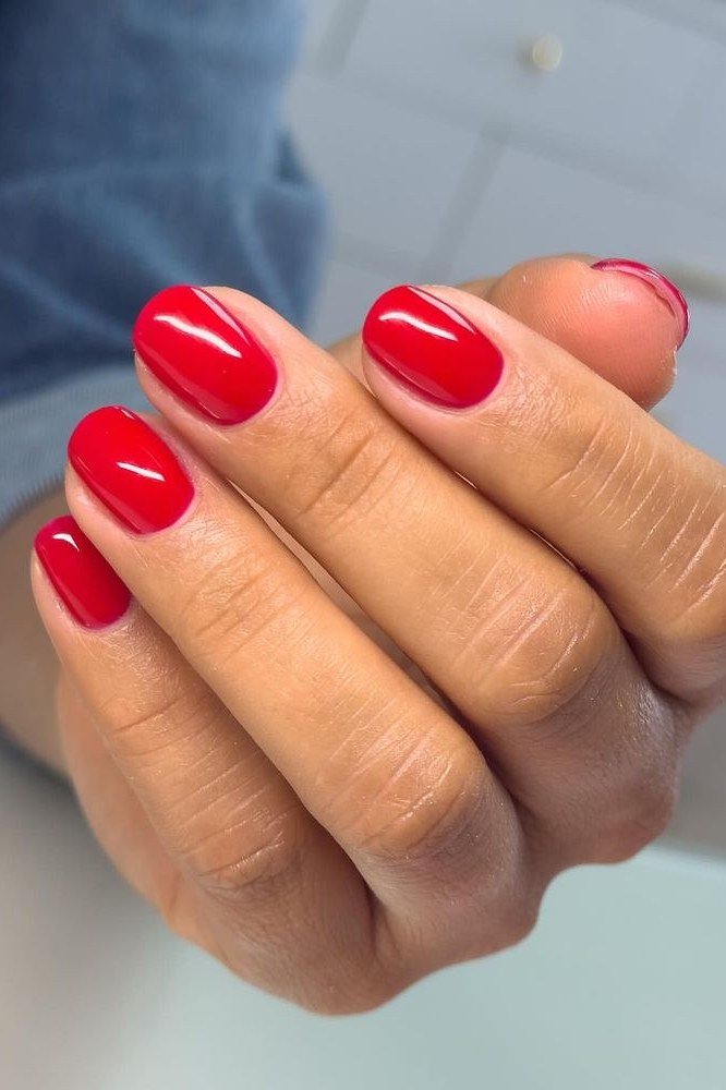 Cherry Red Short Nails, nail color idea for women over 60