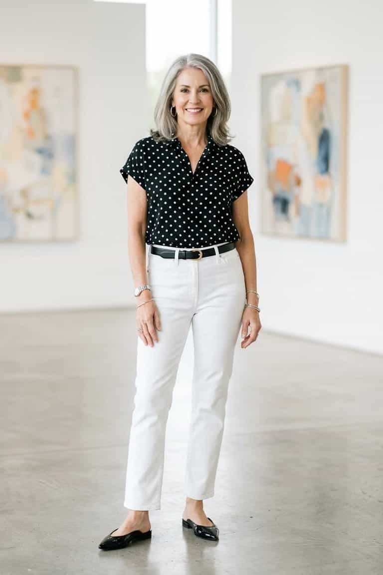 Woman over 50 wearing polka-dot blouse with white jeans, everyday casual outfit idea
