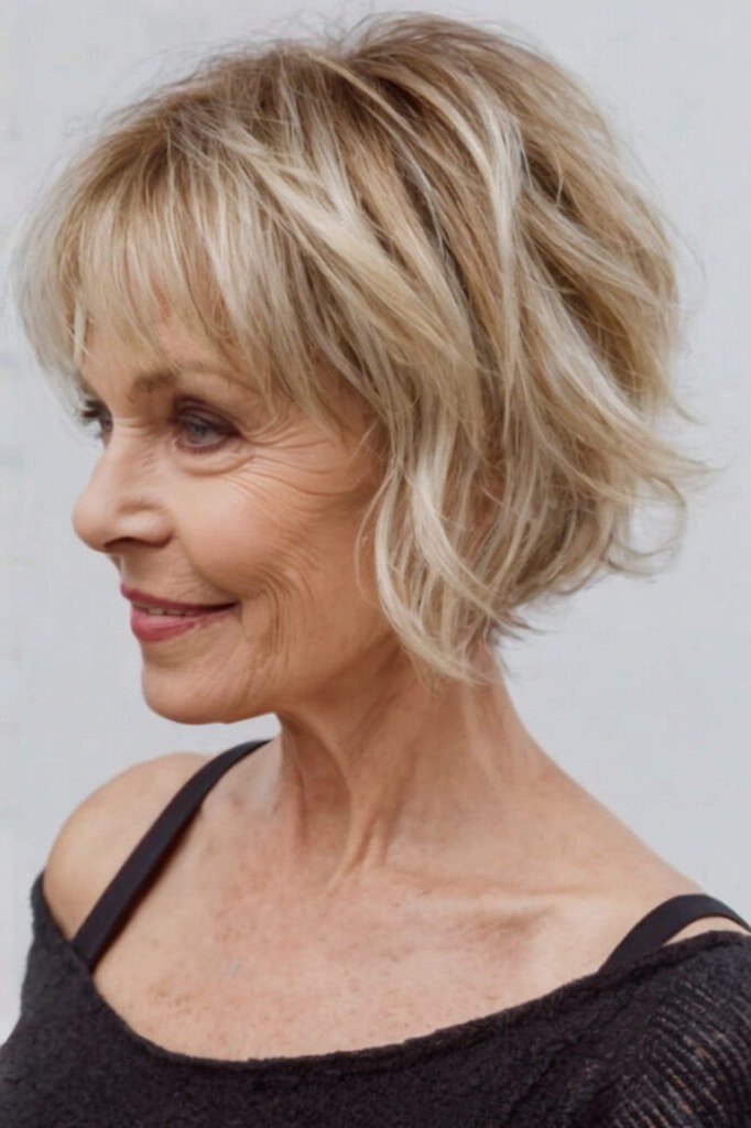 blonde layered bob with bangs, side view — chin-length layered bob hairstyle for women over 50