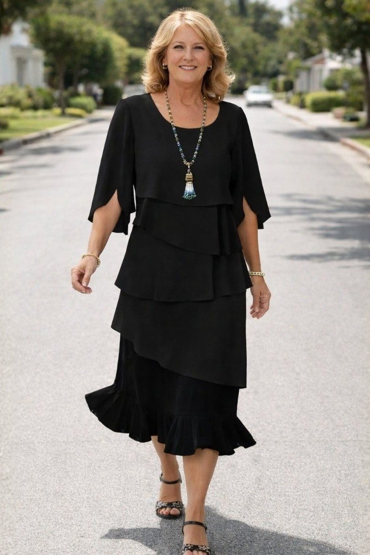 Breezy summer dress for women over 60: peach floral tiered mini