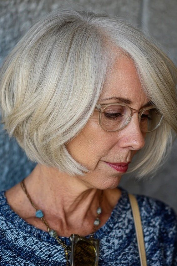 Platinum Tucked-Behind Bob - medium hairstyle for women over 60