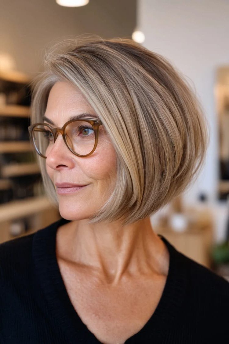 Blonde textured bob with glasses, worn slightly angled for women over 60