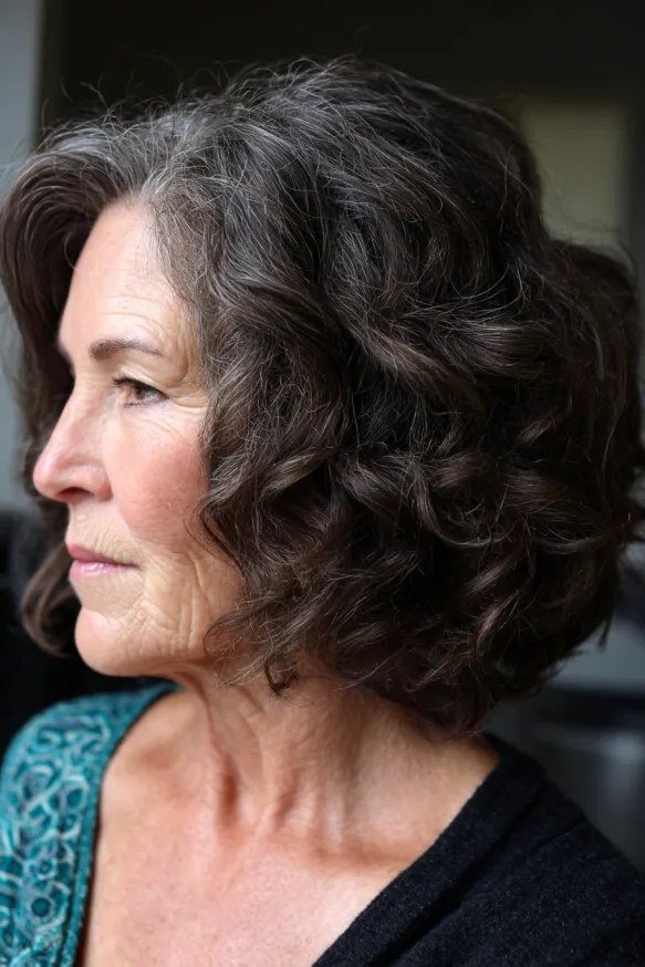 Dark gray wavy lob on woman over 60, side profile