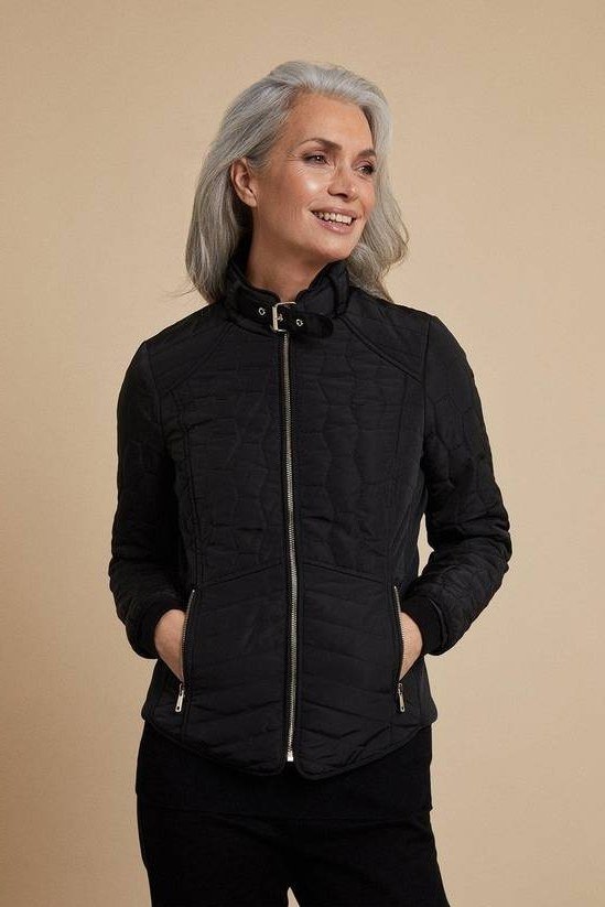 Black quilted jacket outfit for women over 60