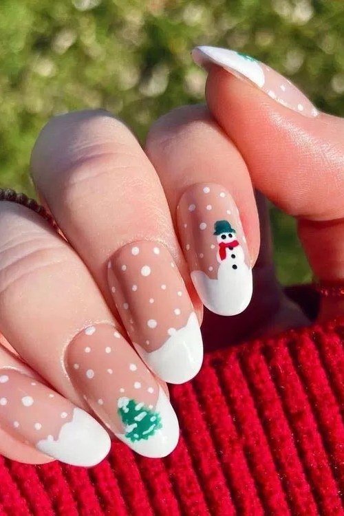 Nude Nails with Snowman and Tree Art, fun winter nail idea for women over 60