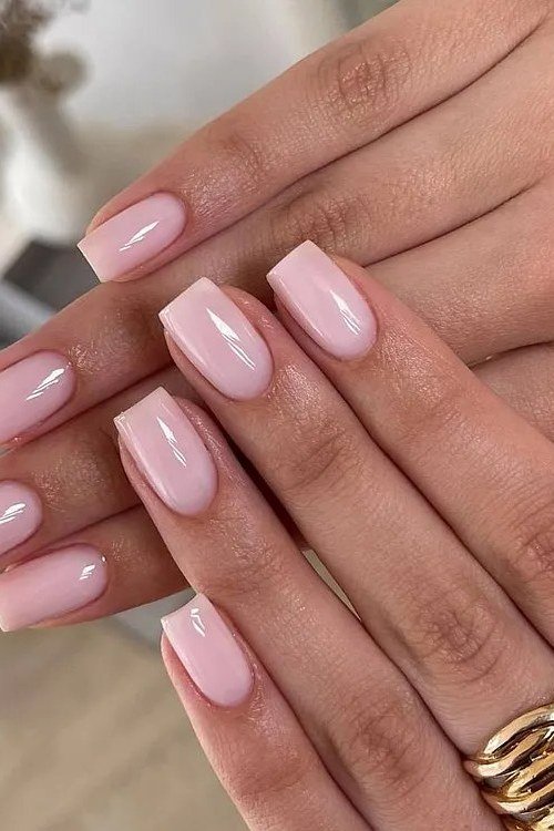 Pale Pink Nails with Gold Rings, understated glam nail color for women over 60