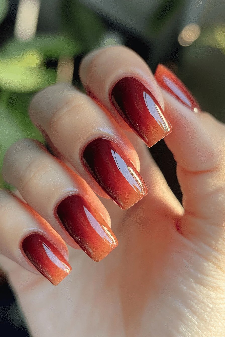 Burgundy Orange Square Ombre - Deep burgundy melts into burnt orange on these medium square nails.