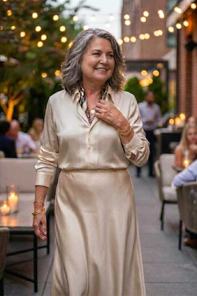 Gray-haired woman in champagne satin shirt with matching champagne satin midi skirt