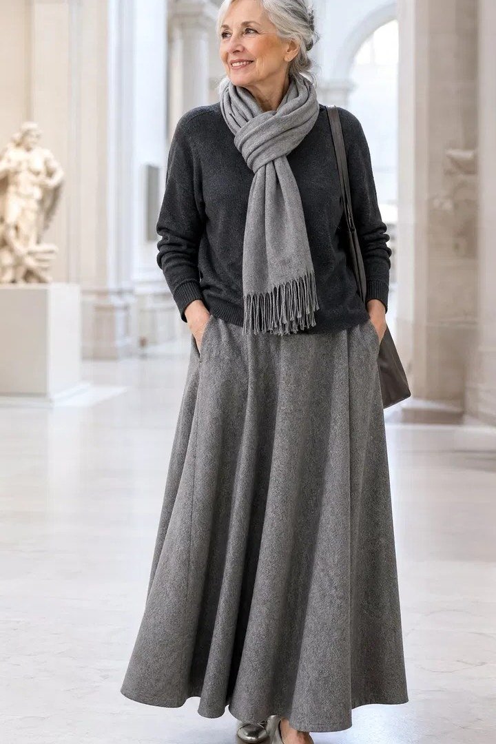 grey sweater with grey maxi skirt and scarf, cozy tonal outfit for women over 50