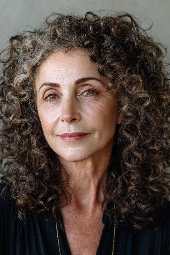 Dark brown long curls for older women