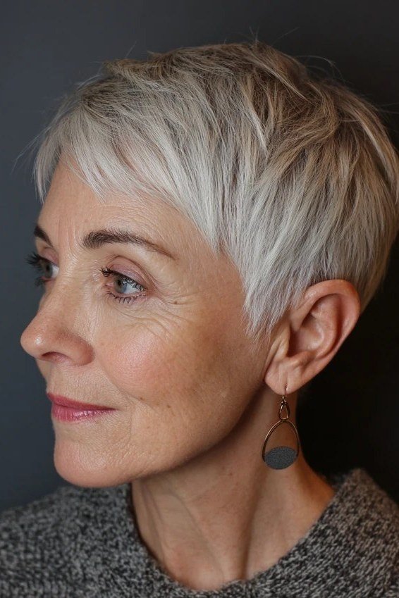 White pixie, profile view, micro pixie cut for women over 60 going silver