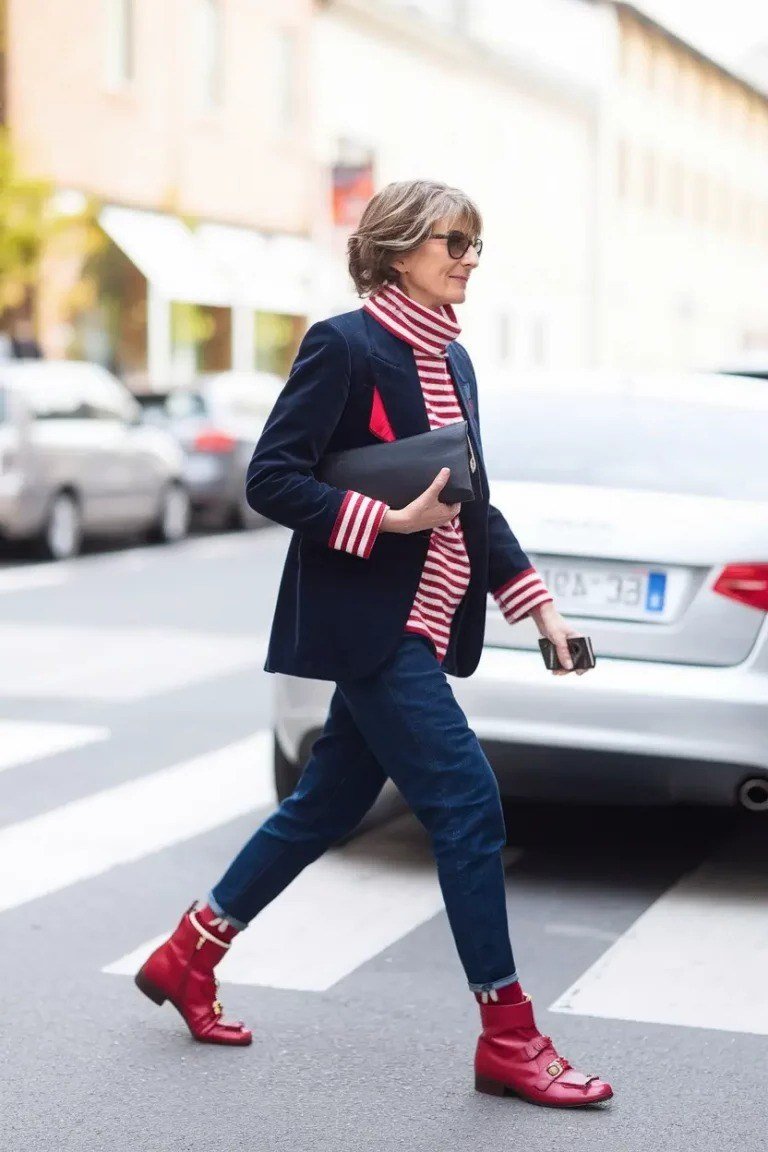 Navy Blazer with Red Stripes and Red Boots - fall outfit idea for women over 50