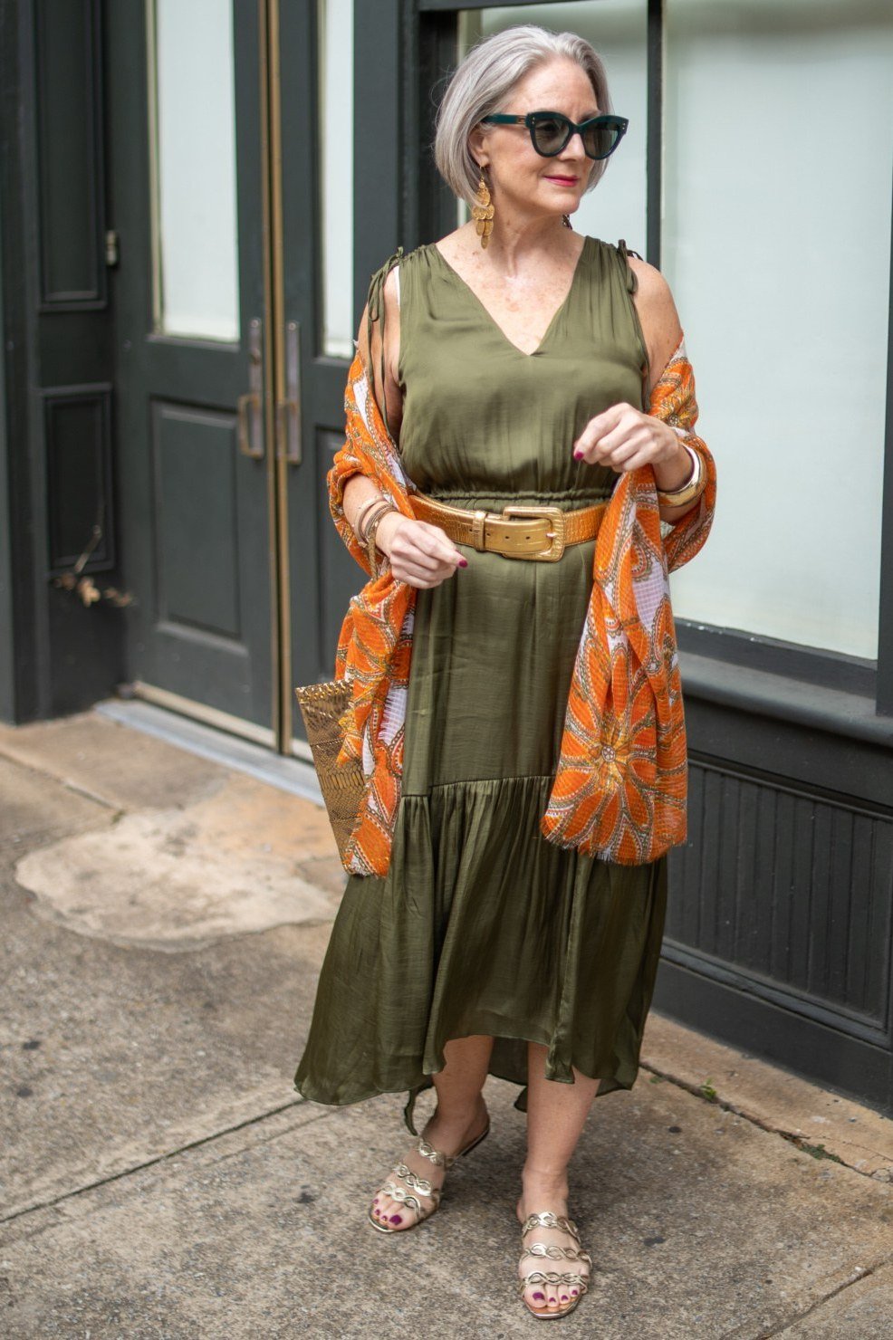 Olive Midi with Rust Floral Kimono summer outfit idea for women over 60