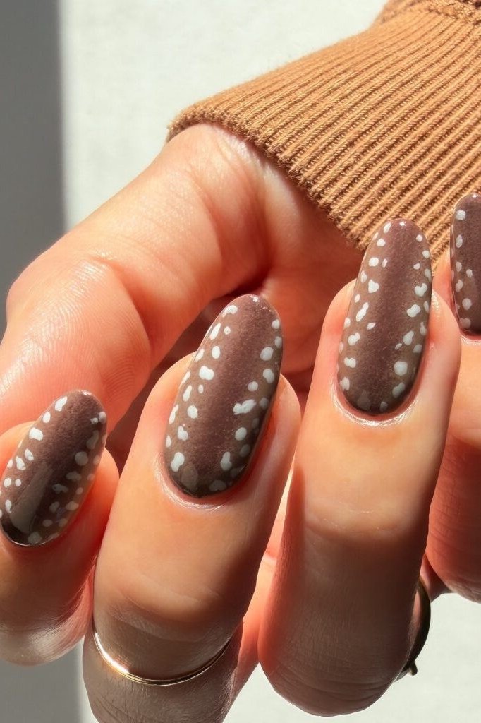 Taupe almond nails with white fawn spots and hand in camel knit cuff