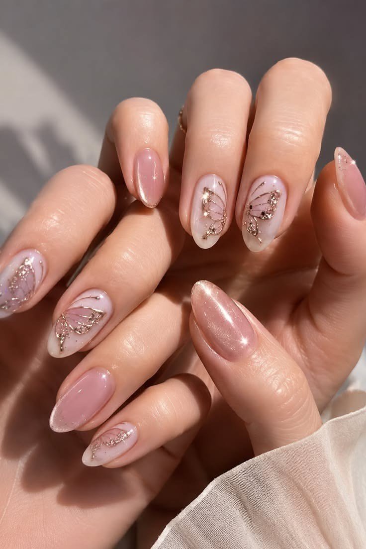Mauve nails with gold foil nail art