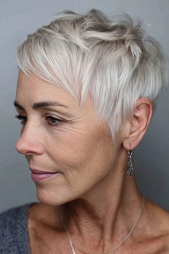 silver fine layered pixie for women over 50 side view