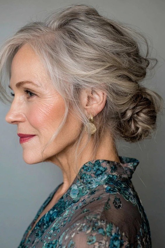 soft grey low chignon with face-framing pieces, smiling three-quarter view hairstyle for women over 70