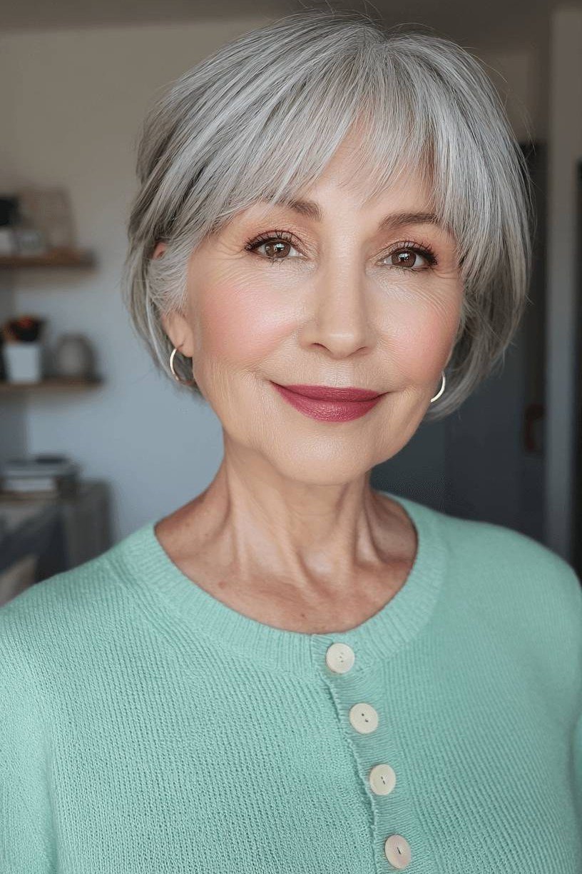 Grey Pixie with Fringe - grey hairstyle for women over 60