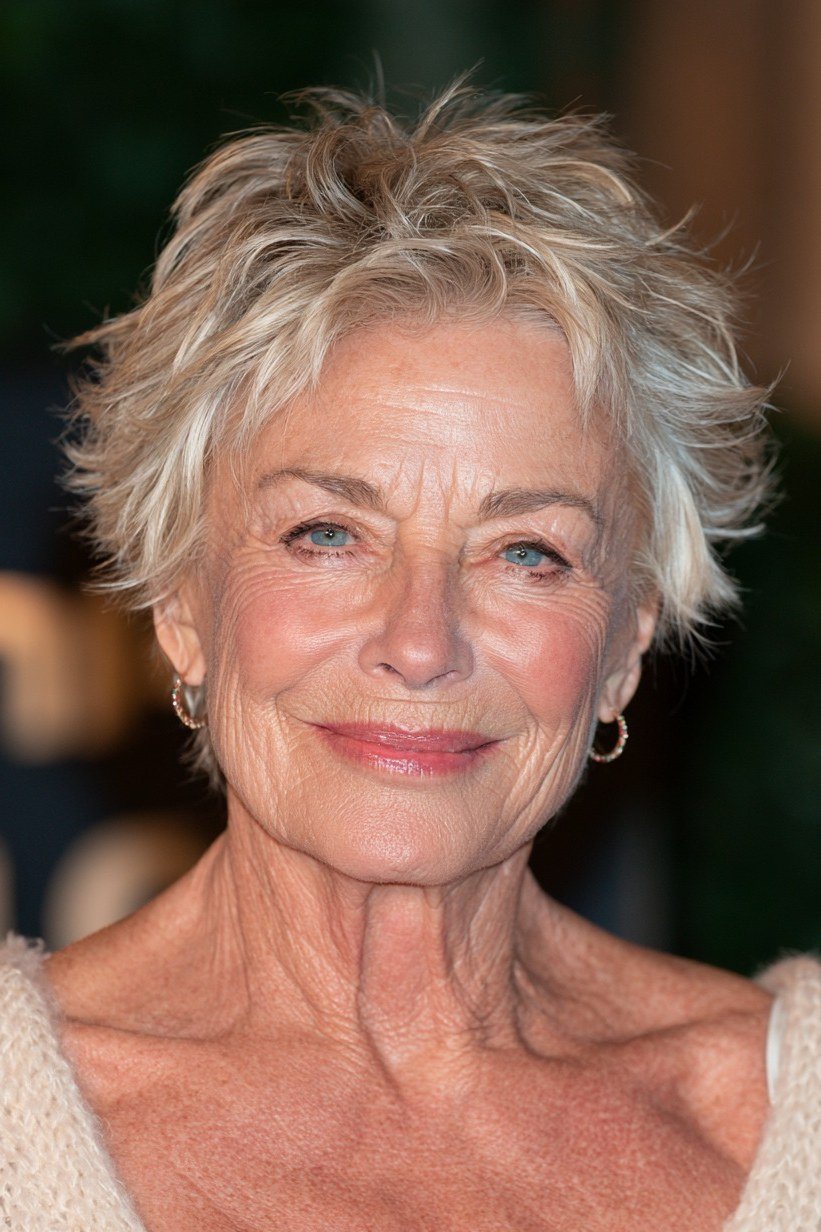 Shaggy silver pixie haircut for women over 60