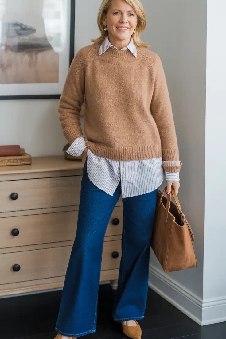 camel sweater white shirt dark jeans fall outfit women over 50