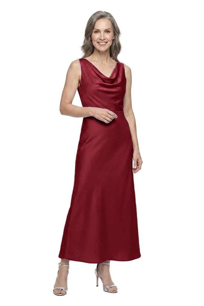 Wine-red cowl-neck satin maxi dress for women over 50, fall date night outfit
