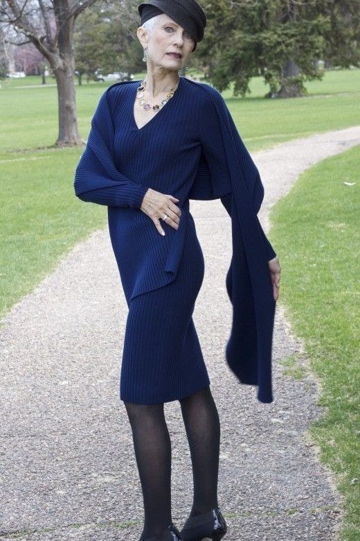 navy knit midi with tights for women over 60