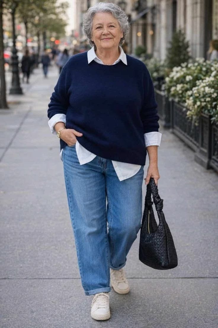 Woman over 60 wearing navy sweater over white shirt, medium jeans, white sneakers, black bag